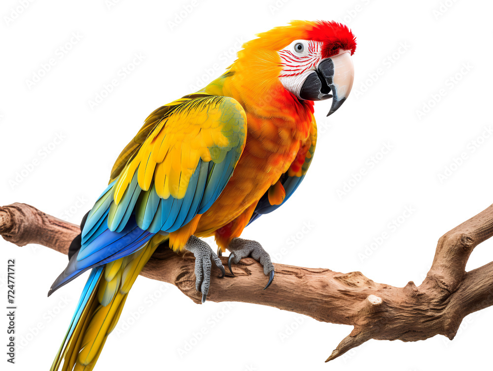 Colorful Parrot Perched on Branch, isolated on a transparent or white background