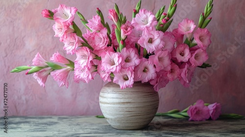  a vase filled with pink flowers sitting on top of a table next to another vase filled with pink flowers on top of a table and a pink wall in the background.