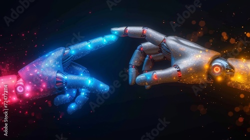 The future of AI, machine learning, human and robot touching big data, the Internet, and digital technology, science and artificial intelligence.