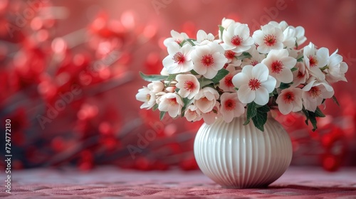  a white vase filled with white and red flowers on top of a red and white tableclothed tablecloth next to a red and white vase filled with red and white flowers.