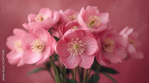  a bunch of pink flowers in a vase on a pink background with a pink wall in the background and a pink wall in the background with a pink wall in the middle.