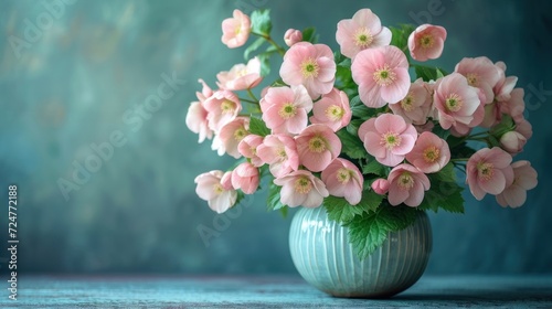Wallpaper Mural  a green vase filled with pink flowers on top of a wooden table next to a blue wall and a blue wall behind the vase is a bunch of pink flowers. Torontodigital.ca