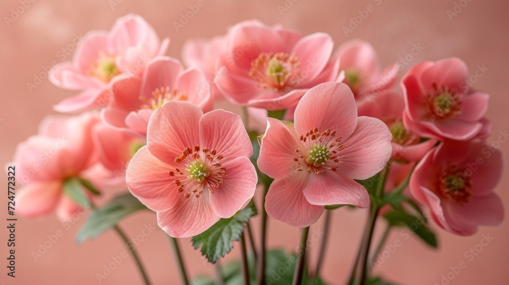 a bunch of pink flowers sitting in a vase on a table with a pink wall in the background and a pink wall behind the vase with pink flowers in the middle.