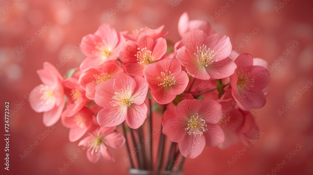  a vase filled with pink flowers on top of a red table covered in pink and white flecks of pink and white flowers in front of a pink background.