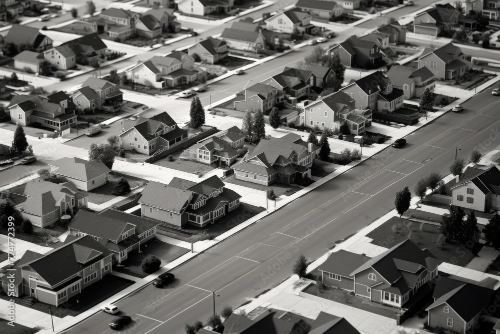A black and white photo of a neighborhood. Can be used to depict urban life, community, or architectural elements.