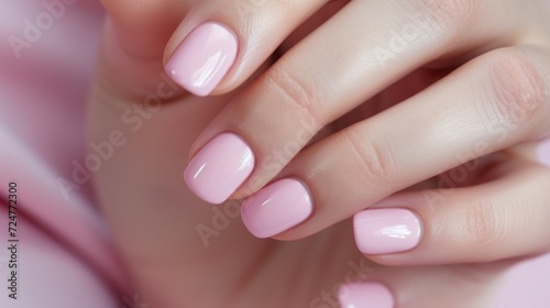 A close-up view of a person's hand showcasing a pink manicure. This image is perfect for beauty and fashion-related projects