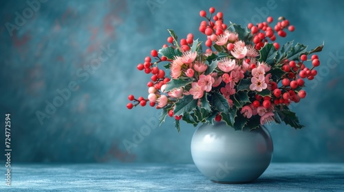  a vase filled with red and pink flowers on top of a blue table cloth covered tablecloth and a blue wall behind the vase with red and pink flowers in the center. © Shanti