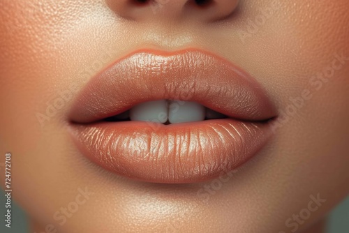 A sultry and alluring closeup of a woman's lips, adorned with bold eyeliner and shimmery eye shadow, enhanced by fluttering eyelashes and a pop of vibrant lipstick, showcasing the beauty and power of photo