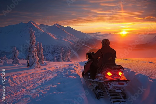 A lone figure braves the icy landscape, their snowmobile carving a path through the frozen mountains as the sky transitions from a breathtaking sunset to a frigid sunrise