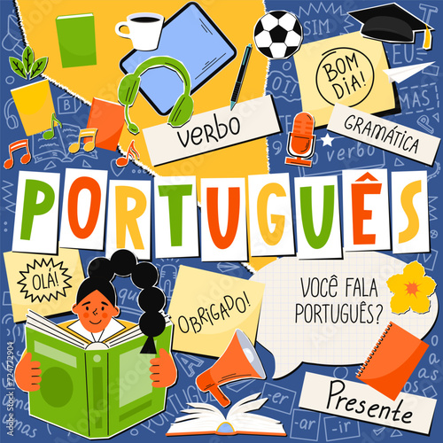 Portugues. Translate:" Portuguese. Present, verb, hi, thank you, Do you speak Portuguese, Good afternoon; grammar, but, I, What ?, one". 