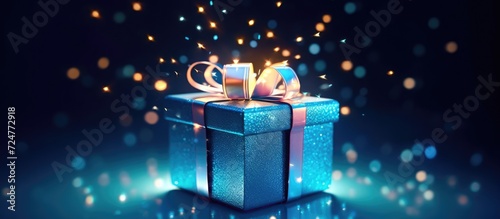Blue gift box with golden lights on dark background. © ismodin