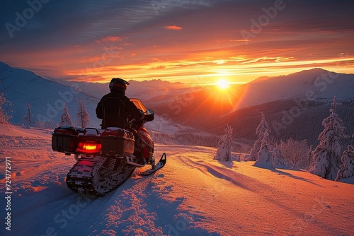 A lone figure braves the frozen landscape, racing against the fiery hues of the setting sun on their snowmobile, the ultimate winter transport through the majestic mountains