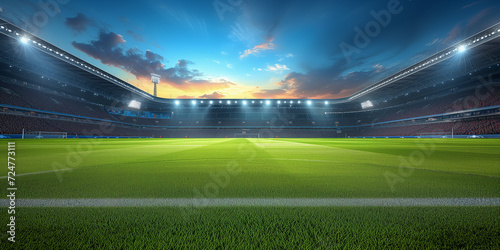 Football, soccer stadium. View of an empty football stadium with lush green field and sun peeking through a clear blue sky photo