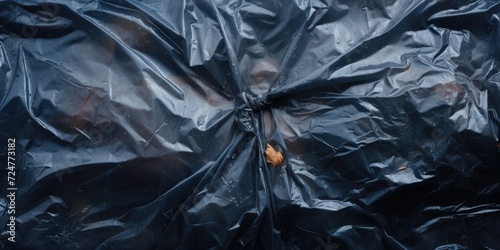 A detailed close up of a black plastic bag. Can be used to illustrate waste, pollution, or environmental issues