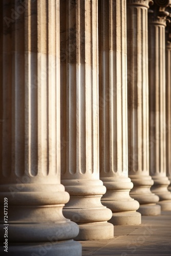 A row of white pillars with clocks mounted on each of them. This image can be used to depict time management, punctuality, or a sense of order and organization