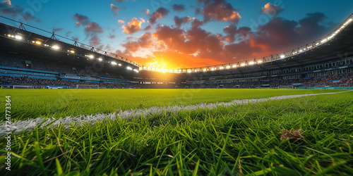 Football  soccer stadium. Close-up of soccer field grass at sunset with stadium seats in the backdrop