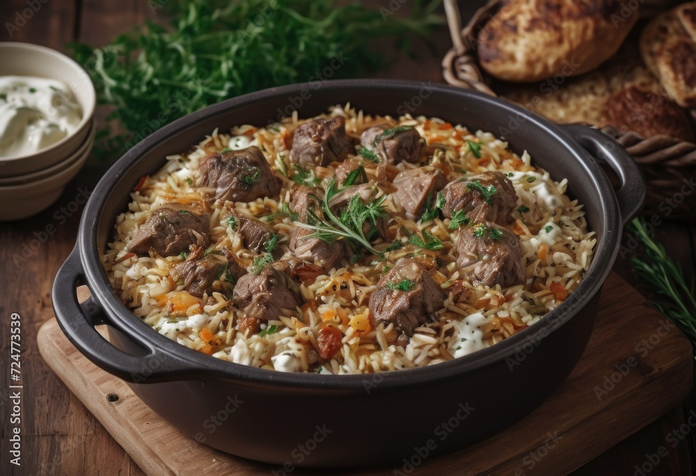 Tave Elbasani A casserole dish made with lamb, rice, and yogurt by ai generated Tave Elbasani A casserole dish made with lamb, rice, and yogurt by ai generated