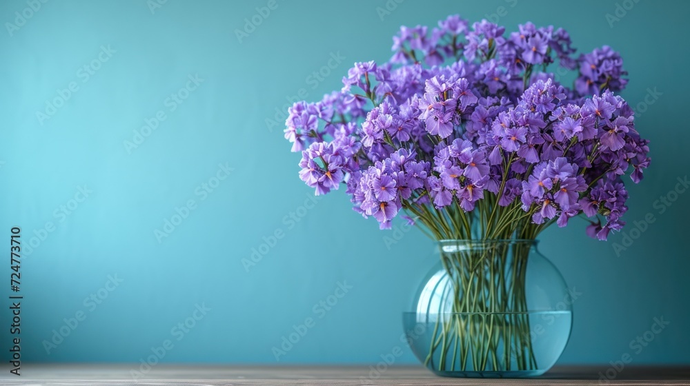 a vase filled with purple flowers sitting on top of a wooden table in front of a blue wall and a wooden table with a glass vase filled with purple flowers. a vase filled with purple flowers sitting on top of a wooden table in front of a blue wall and a wooden table with a glass vase filled with purple flowers.