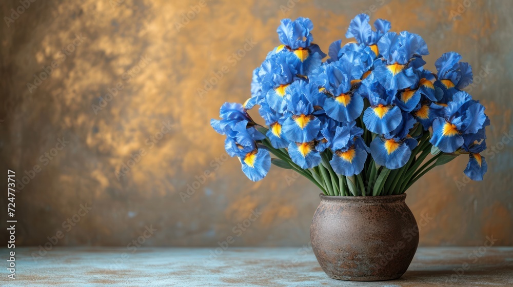  a vase filled with blue flowers sitting on top of a table next to a brown wall and a gold foiled wall behind the vase is a brown vase with yellow and blue flowers.