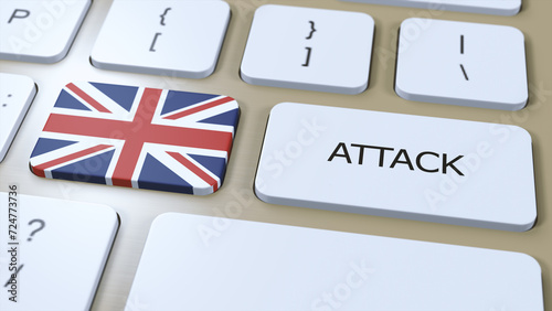 UK United Kingdom Country National Flag and Text Attack on Button. War 3D Illustration