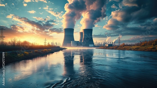 Nuclear power plant near the river, Thermal power station. Generative AI. photo
