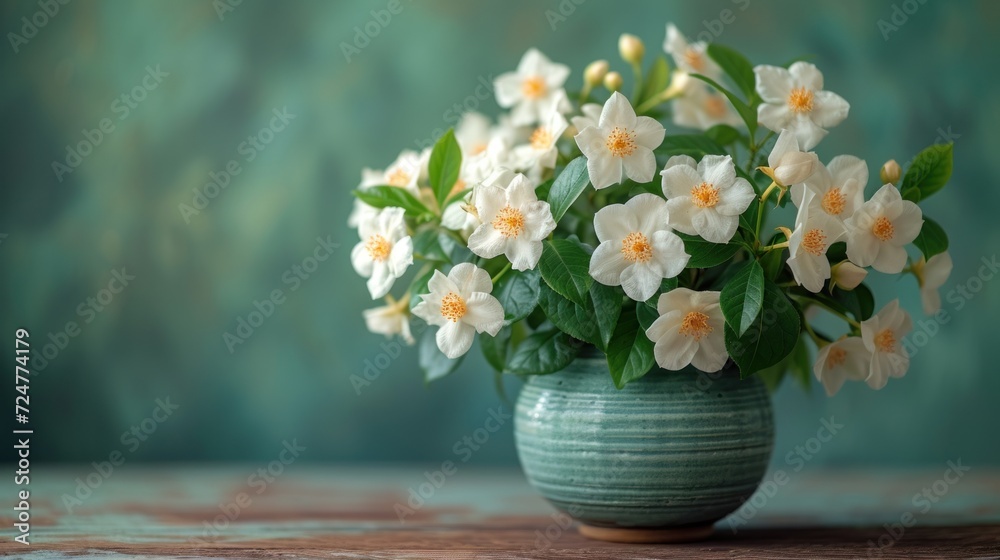  a green vase filled with white flowers on top of a wooden table in front of a green and blue wall behind it is a green vase with yellow and white flowers.