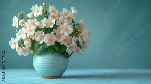  a vase filled with white flowers sitting on top of a blue counter top next to a blue wall and a blue wall behind the vase is filled with white flowers. photo