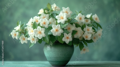  a green vase filled with white flowers sitting on top of a wooden table in front of a green and green wall and a green wall behind it is a green background.