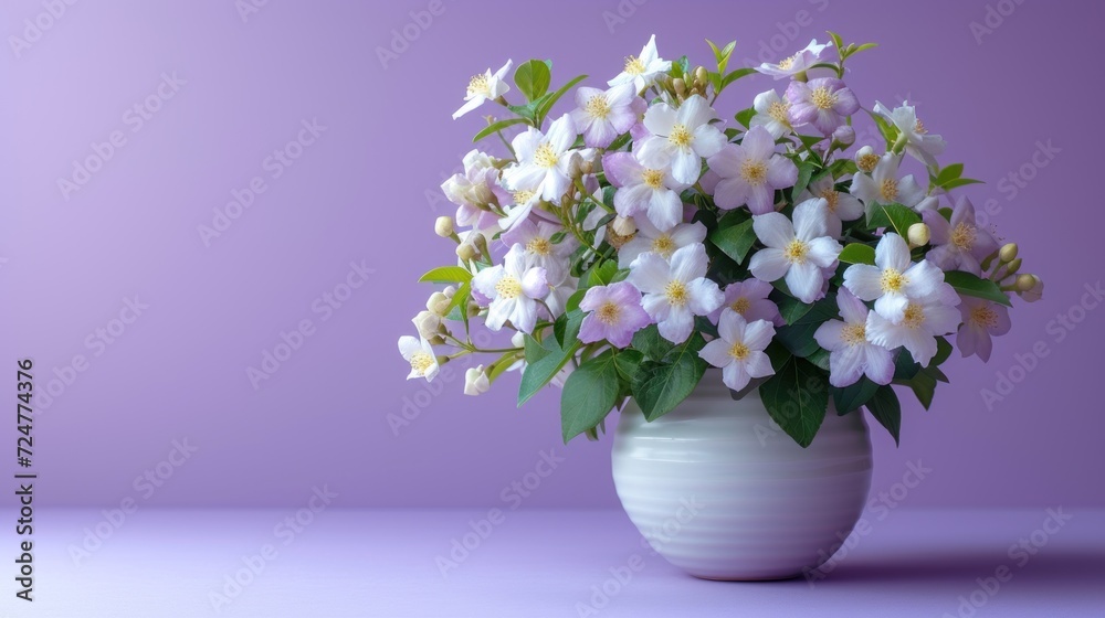 a white vase filled with white and purple flowers on top of a purple table next to a purple wall and a purple wall behind the vase is filled with white and purple flowers. a white vase filled with white and purple flowers on top of a purple table next to a purple wall and a purple wall behind the vase is filled with white and purple flowers.