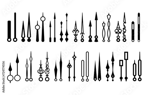 Retro clock hands, hand watch time pointer or arrows. Classic hand watch minute vintage hands or arms, analog clockwork arrow hour or retro clock monochrome isolated vector second pointers set