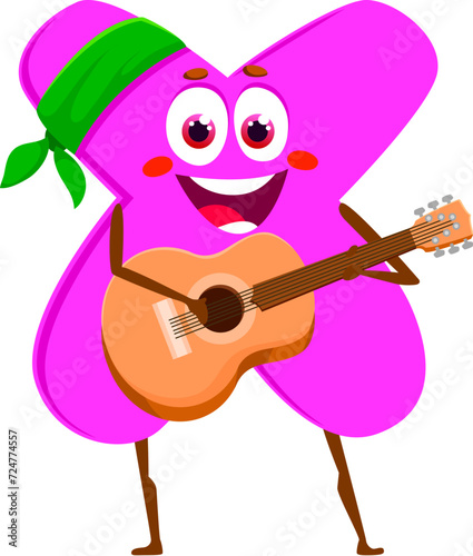 Cartoon funny math number multiplication sign character. Isolated vector whimsical cross symbol personage with smiling face, round eyes, and a mischievous grin, wearing bandana and playing on guitar