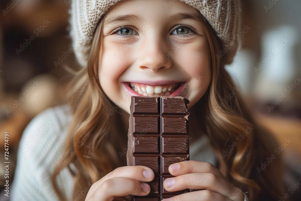 A young woman wearing a fashionable hat smiles as she holds a chocolate bar, indulging in a moment of pure bliss indoors A young woman wearing a fashionable hat smiles as she holds a chocolate bar, indulging in a moment of pure bliss indoors