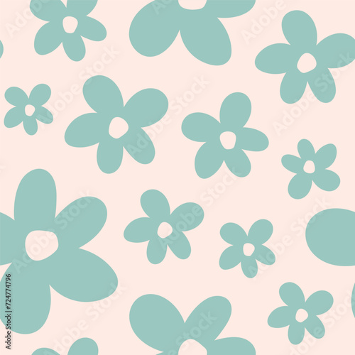 Retro seamless pattern with green flowers and beige background