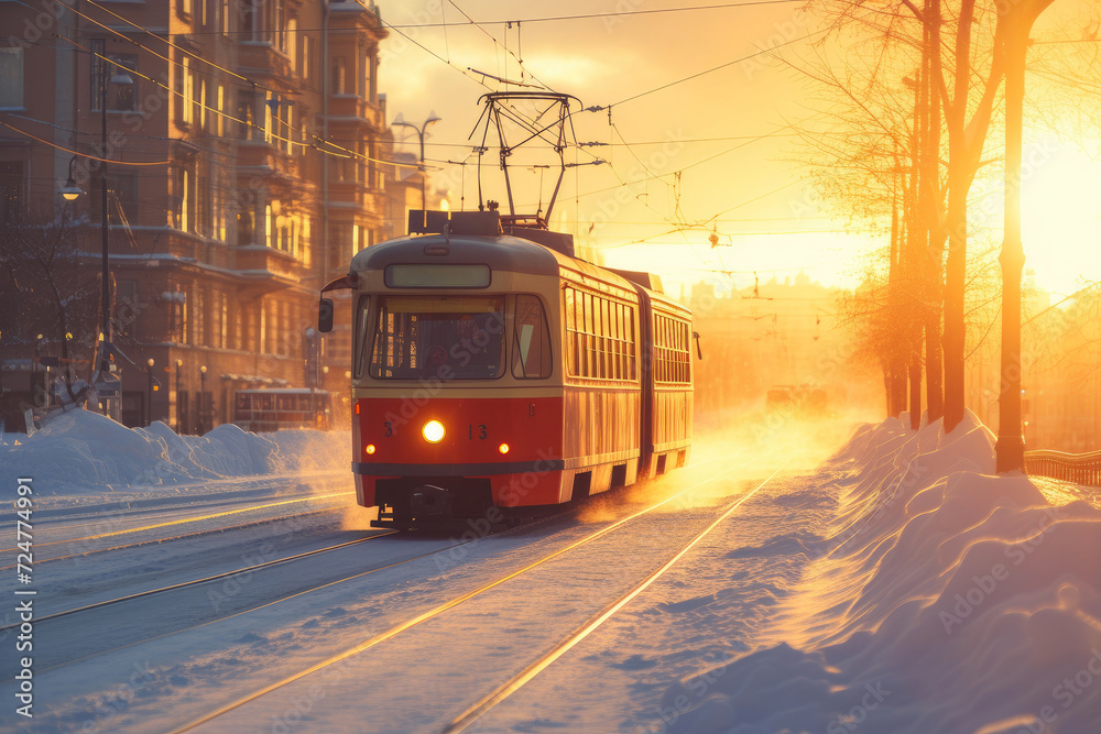 Vintage Streetcar Gliding Through Winter's Embrace at Sunset