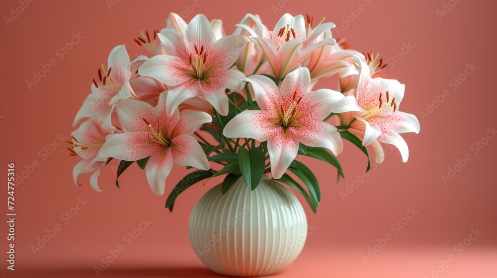 a white vase filled with pink flowers on top of a pink background with a pink wall in the backgrounnd of the vase is a white vase with pink lilies in it. a white vase filled with pink flowers on top of a pink background with a pink wall in the backgrounnd of the vase is a white vase with pink lilies in it.