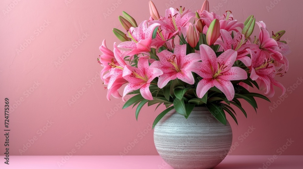 a vase filled with pink flowers on top of a pink table and a pink wall behind the vase is a pink wall and there is a white vase with pink flowers in it. a vase filled with pink flowers on top of a pink table and a pink wall behind the vase is a pink wall and there is a white vase with pink flowers in it.