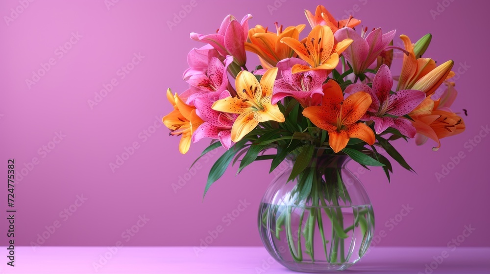 a vase filled with orange and pink flowers on top of a purple table top next to a purple wall and a pink wall behind the vase is filled with orange and pink lilies. a vase filled with orange and pink flowers on top of a purple table top next to a purple wall and a pink wall behind the vase is filled with orange and pink lilies.