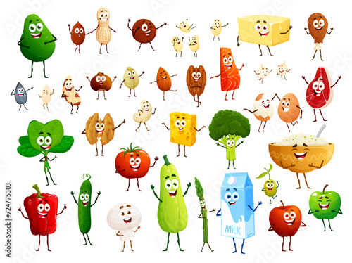 Cartoon cute keto diet food characters. Funny personages of vector meat, fruit and vegetable, eggs, nuts, fish, milk and rice, cheese, beans, butter and seeds. Ketogenic diet meal with happy faces