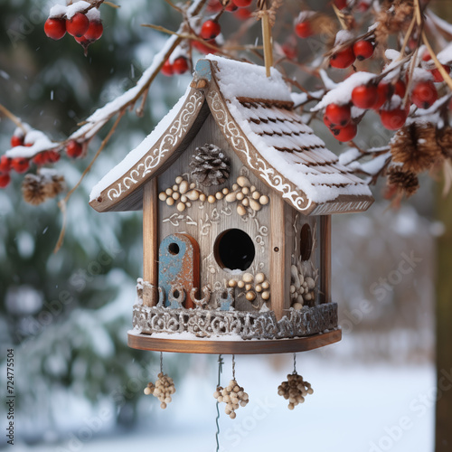 beautiful birdhouse on a tree in winter, birds