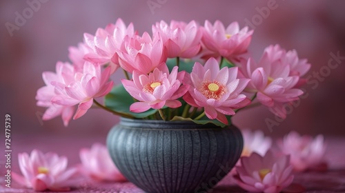  a vase filled with pink flowers sitting on top of a pink table cloth next to a pile of pink flowers on top of a tablecloth covered with pink petals.