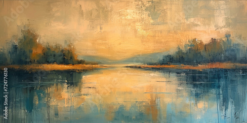 Oil painting, landscape with river, lake, trees in the background. Beautiful artistic piece of digital art for wallpaper, art print, background design.