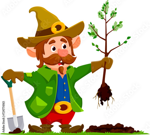 Cartoon gnome or dwarf gardener character joyfully planting young tree in a whimsical garden. Isolated vector cheerful personage with a pointy hat is surrounded by vibrant and lush summer greenery