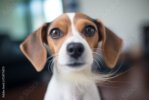 beagle mix with pillow fluff stuck to whiskers and ears