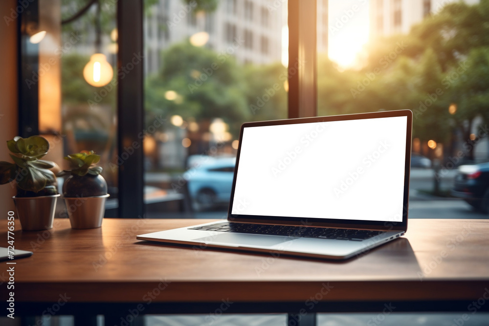 illustration of a laptop on the table in office. Created with Generative AI illustration of a laptop on the table in office. Created with Generative AI