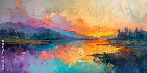 Oil painting, landscape with river, lake, trees in the background. Beautiful artistic piece of digital art for wallpaper, art print, background design.