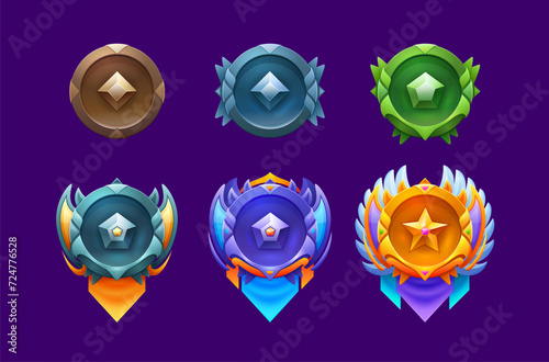 Game level rank badges or rate trophy. Cartoon vector set of gold, silver, blue, green and bronze award badges with banners, stars and wings. Isolated ui icons, bonus, reward, achievement and prize