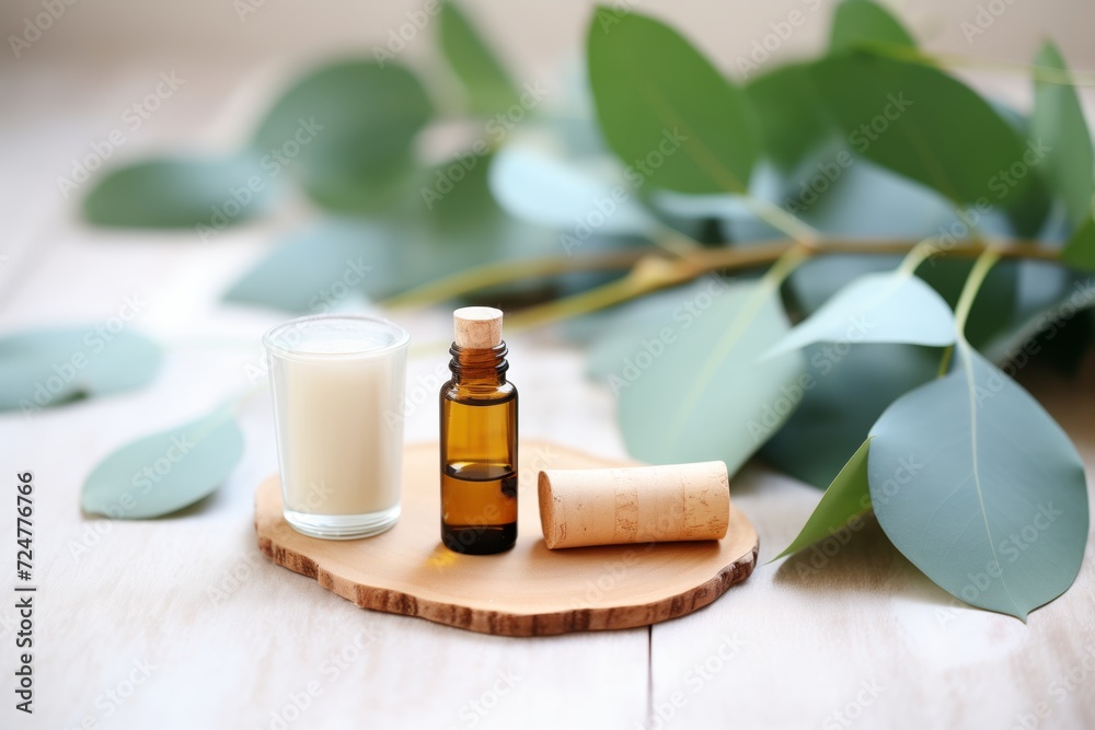 eucalyptus essential oil next to eucalyptus leaves