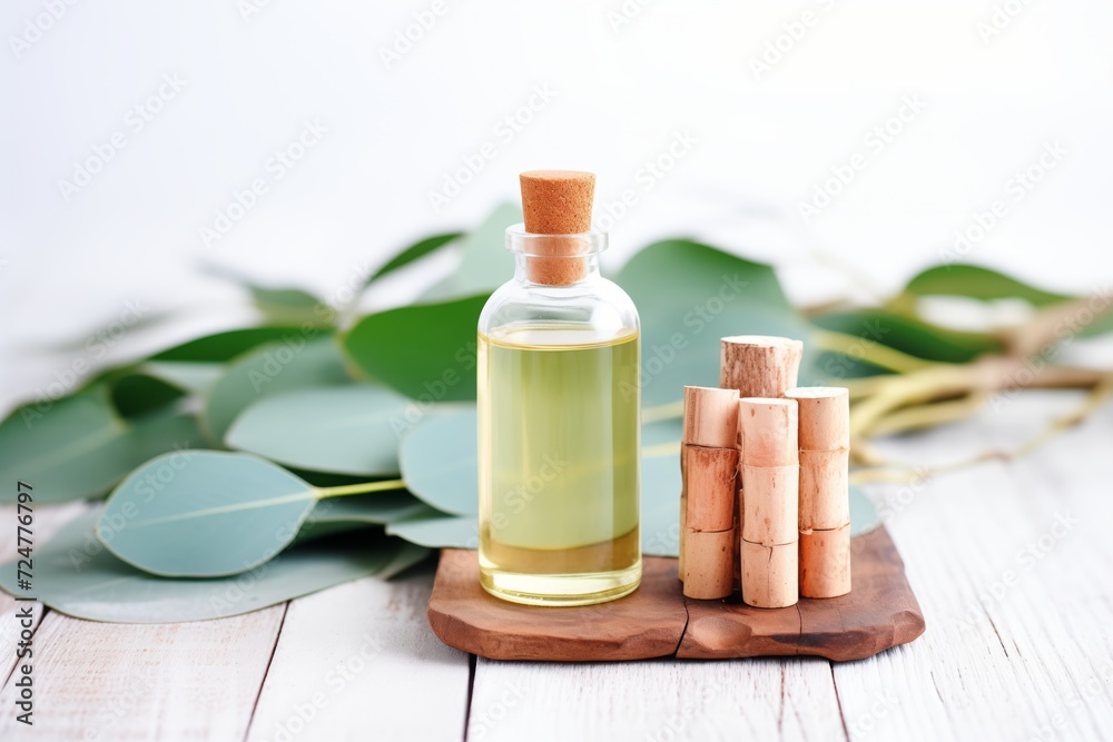 eucalyptus essential oil next to eucalyptus leaves eucalyptus essential oil next to eucalyptus leaves