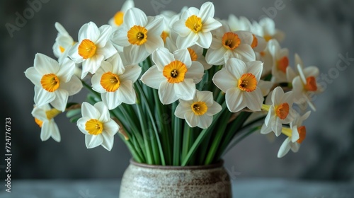  a vase filled with white and yellow flowers on top of a blue and white tableclothed tablecloth and a gray wall behind the vase is filled with yellow and white dafflowe daffodils.