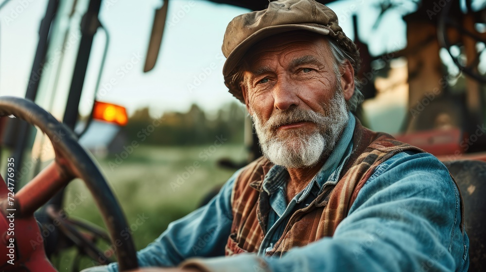 A Mature farmer driving tractor on a farm. Generative AI.